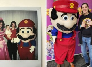 Mulher que tirou foto com o Mario 34 anos antes, reencontrou a fantasia icônica